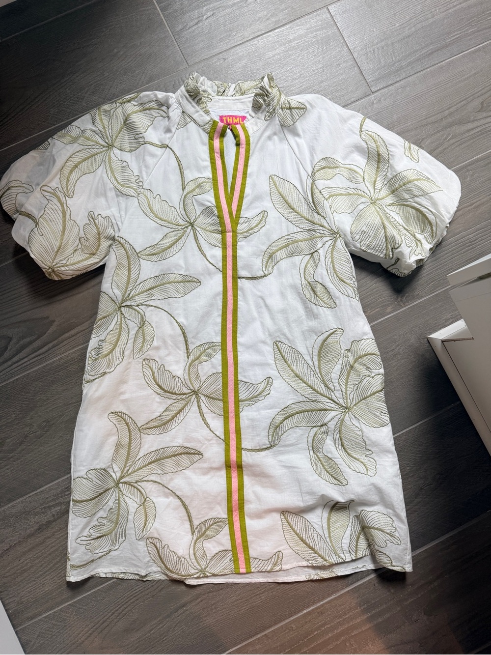 THML Women’s cotton Dress with Green Floral Print and Pink-Trim Stripe